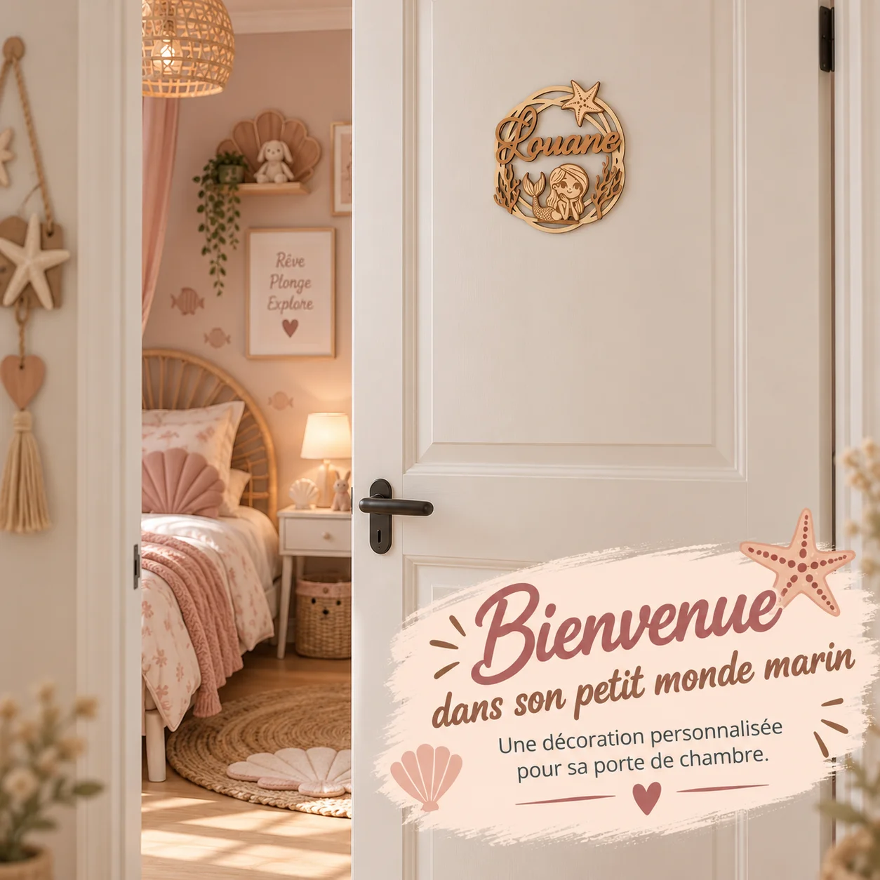 Plaque prénom enfant en bois personnalisée – Sirène – Image 2