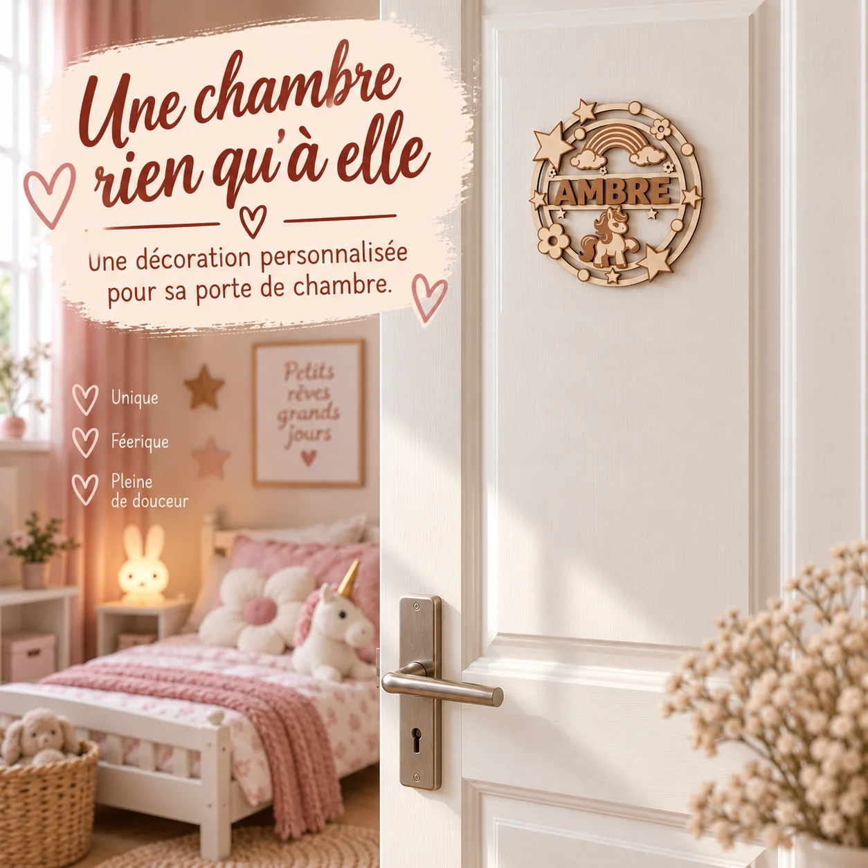 Plaque prénom enfant en bois personnalisée – Licorne – Image 2