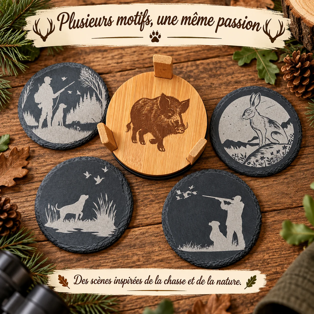 Sous-verres en ardoise gravés – Thème Chasse – Image 3