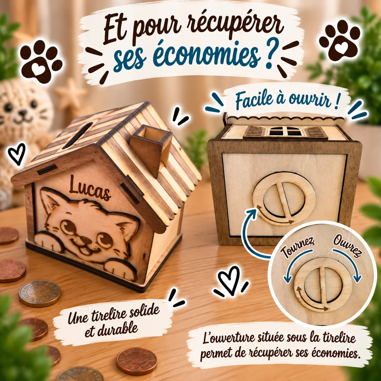 Tirelire maison chat en bois personnalisée – Prénom gravé – Image 5