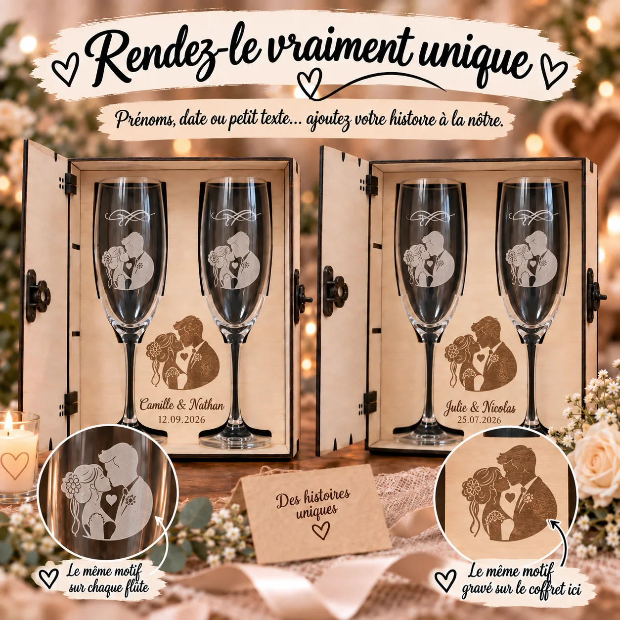 Coffret livre mariage en bois avec 2 flûtes gravées – Les mariés – Image 5
