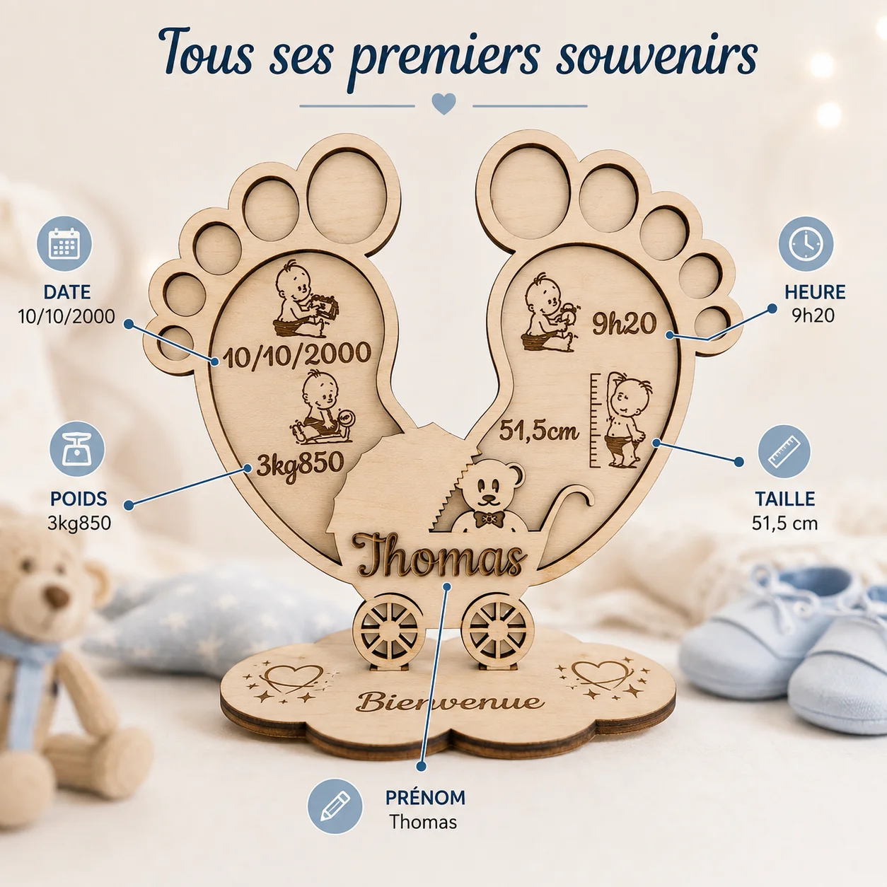 Décoration naissance personnalisée en bois – Pieds de bébé et landau – Image 2