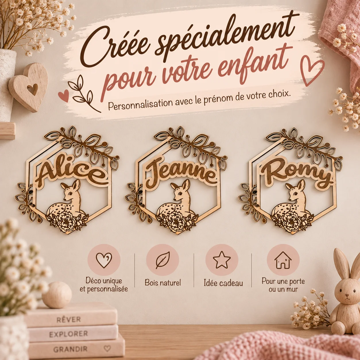 Plaque prénom enfant en bois personnalisée – Biche – Image 4