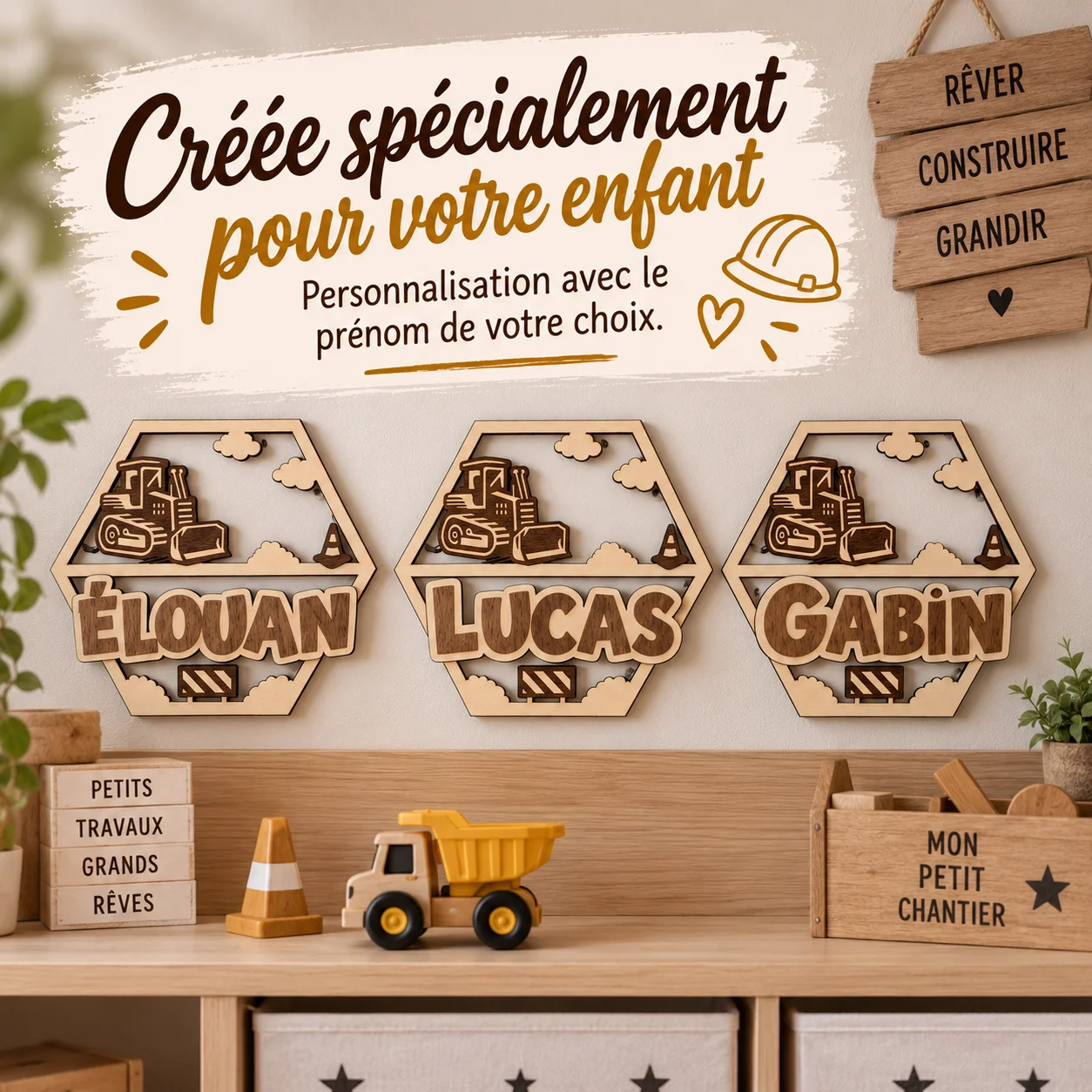 Plaque prénom enfant en bois personnalisée – Chantier – Image 5