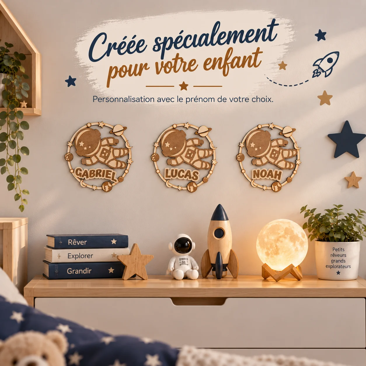 Plaque prénom enfant en bois personnalisée – Astronaute & Espace – Image 4