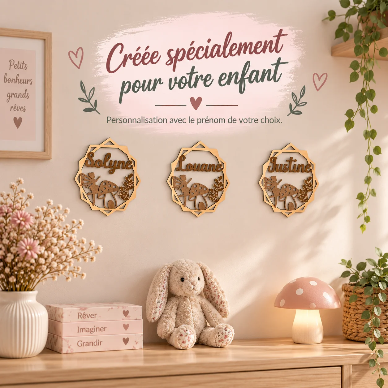 Plaque prénom enfant en bois personnalisée – Fée & Champignon – Image 4