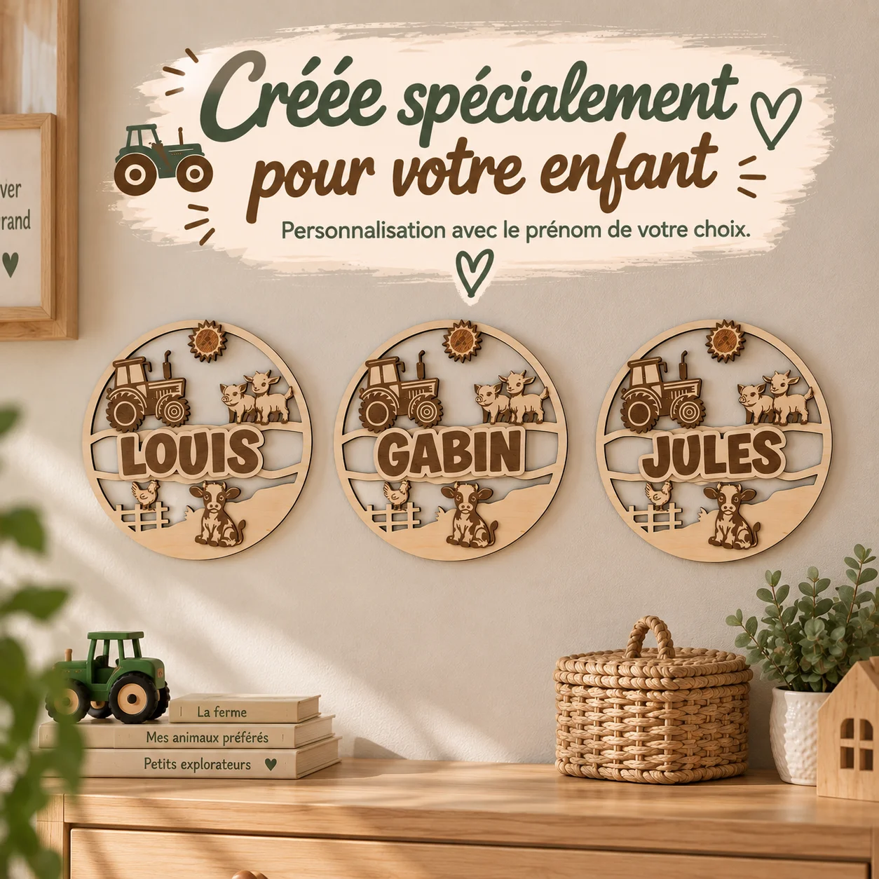 Plaque prénom enfant en bois personnalisée – Ferme & Tracteur – Image 4