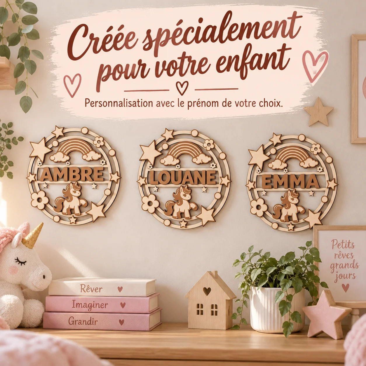 Plaque prénom enfant en bois personnalisée – Licorne – Image 4
