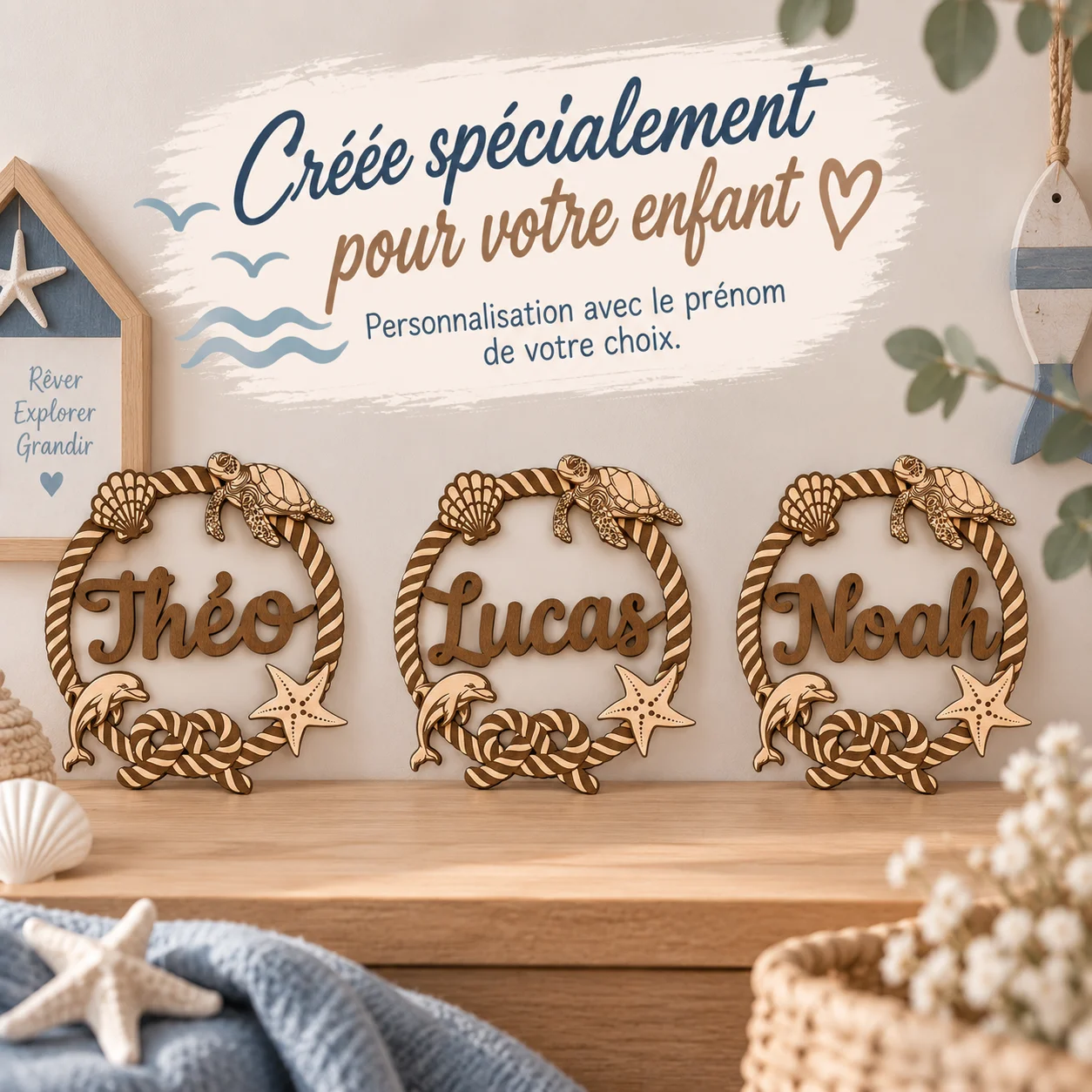 Plaque prénom enfant en bois personnalisée – Marin & Océan – Image 4
