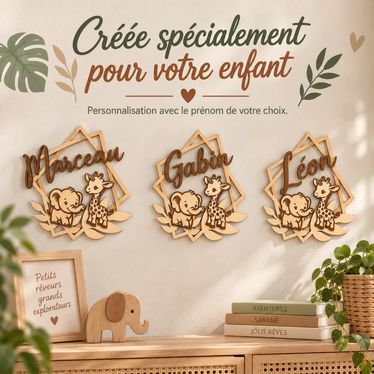 Plaque prénom enfant en bois personnalisée – Savane – Image 4