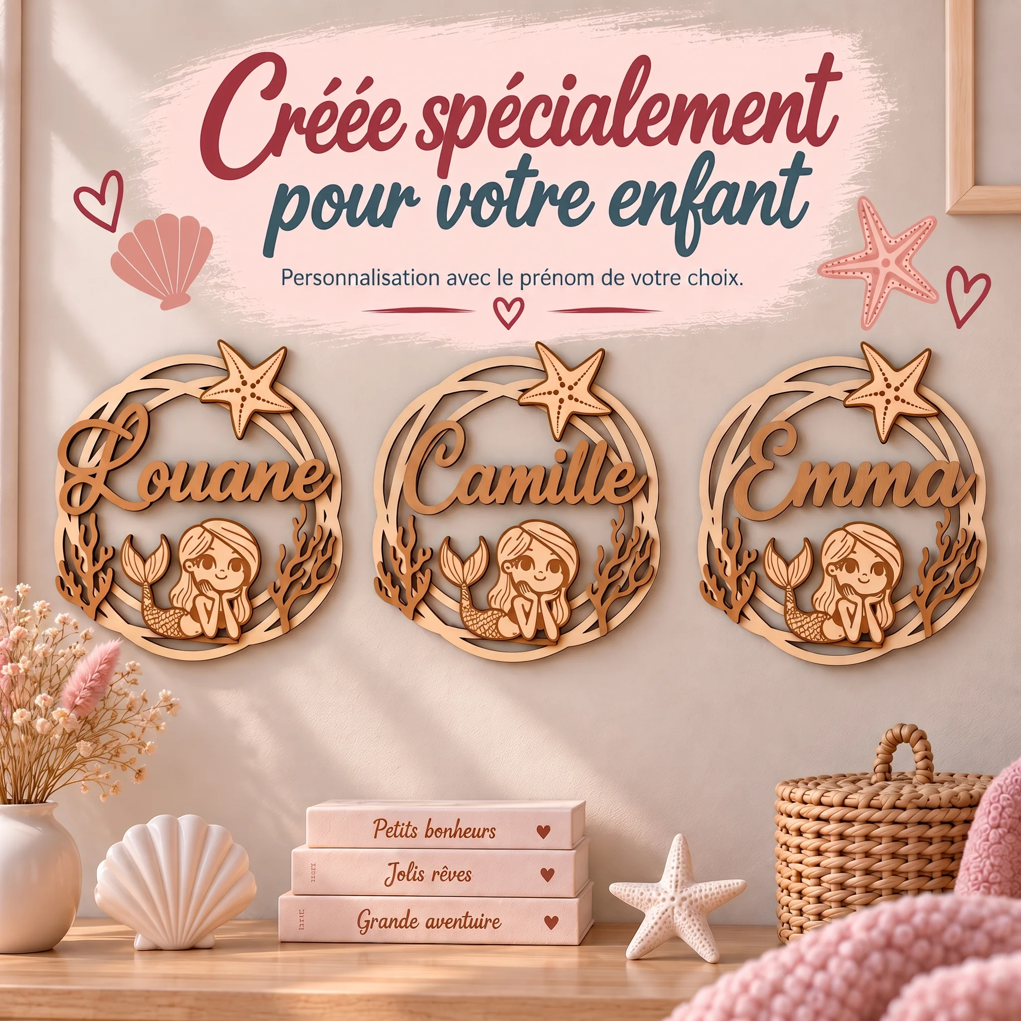 Plaque prénom enfant en bois personnalisée – Sirène – Image 4
