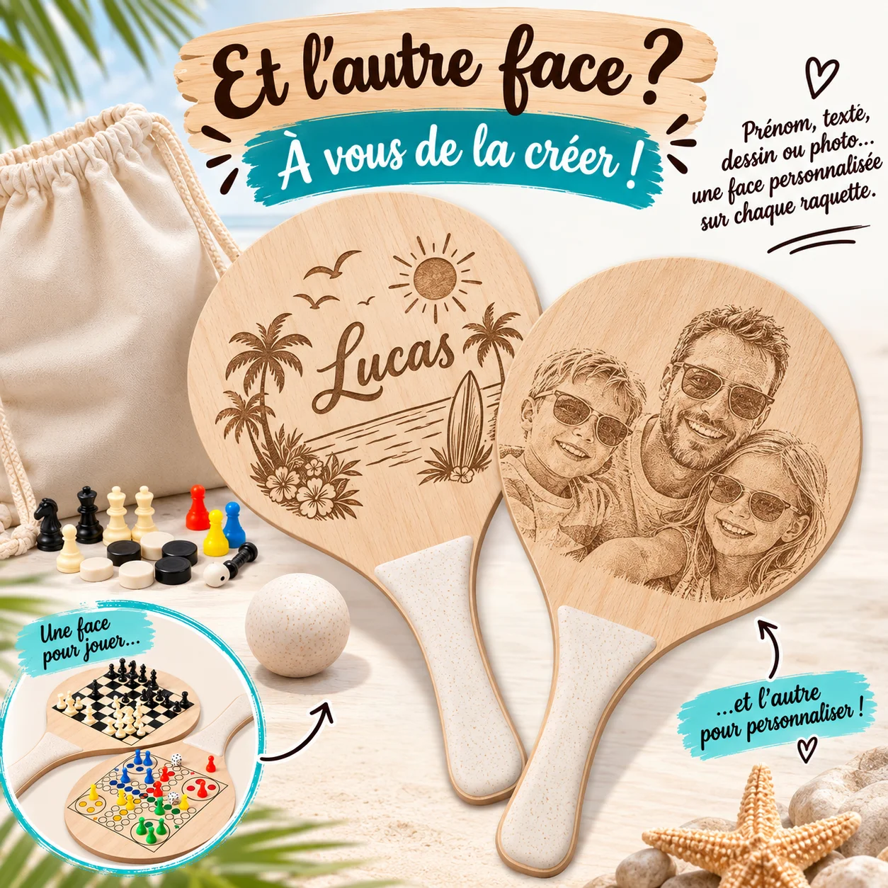 Raquettes de plage personnalisées avec 3 jeux intégrés – Image 3
