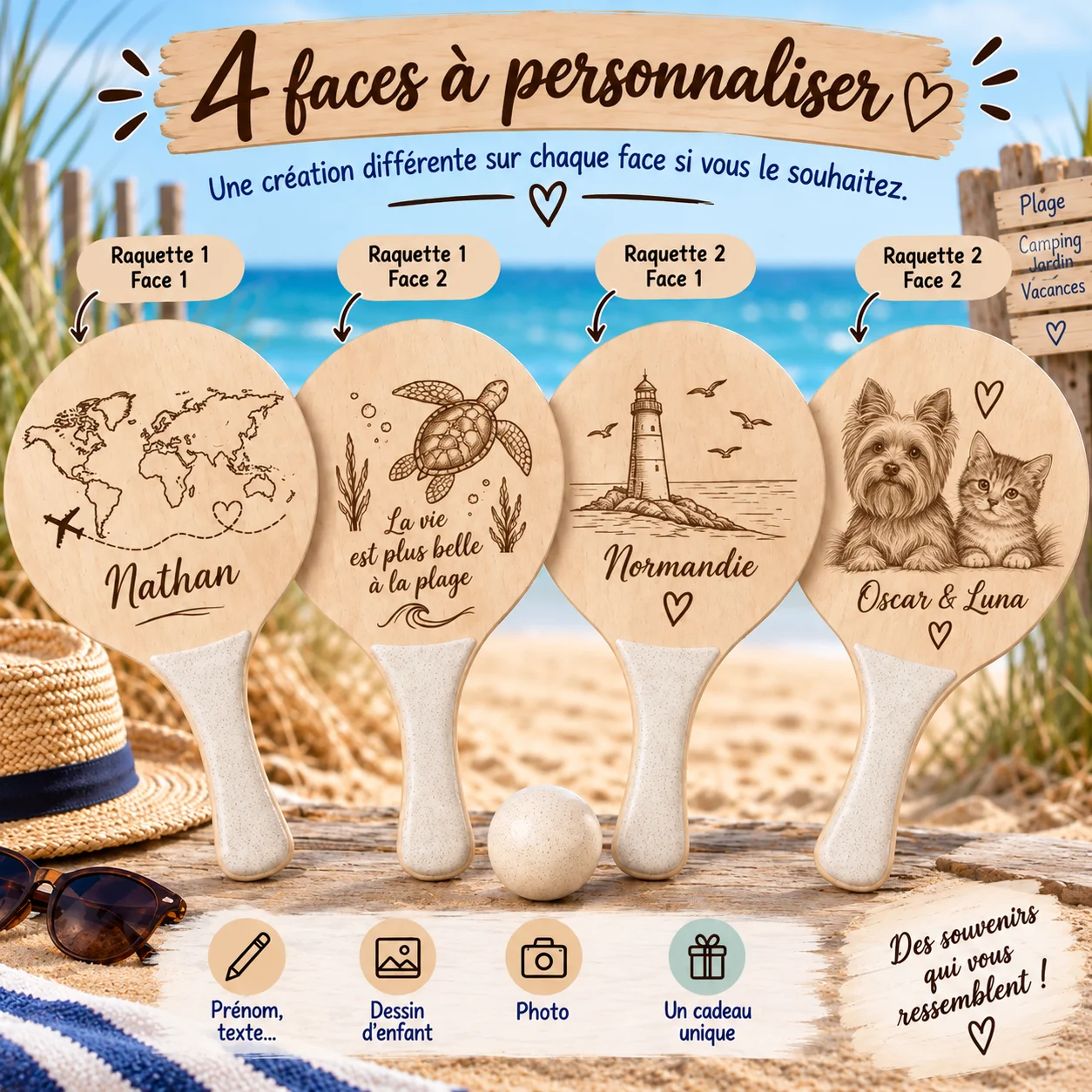 Raquettes de plage en bois personnalisées – 2 faces – Image 2