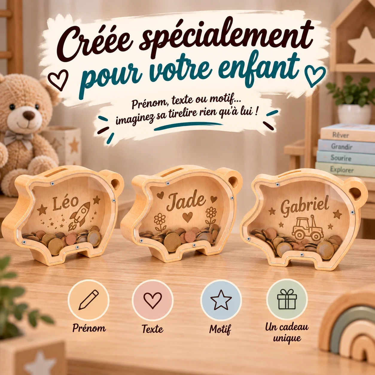 Tirelire cochon personnalisée en bois et plexiglas – Image 5