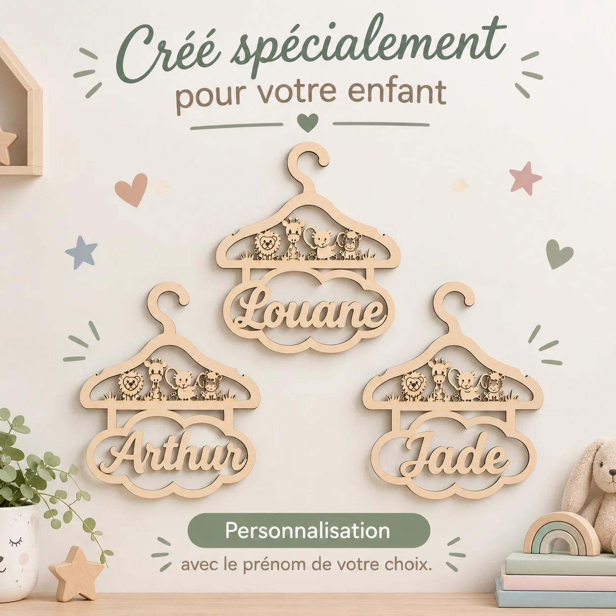 Décoration porte chambre enfant personnalisée – Cintre prénom en bois – Image 6