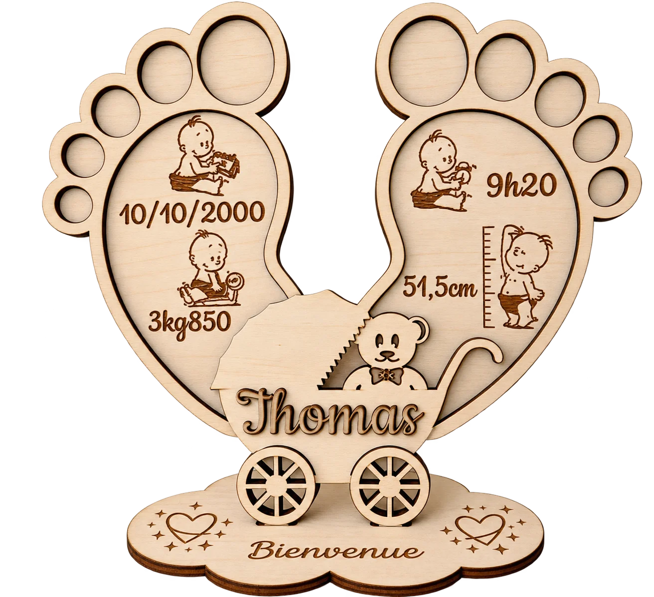 Décoration naissance personnalisée en bois – Pieds de bébé et landau