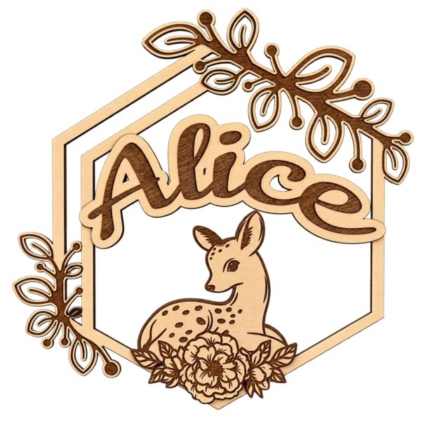 Plaque prénom enfant en bois personnalisée – Biche