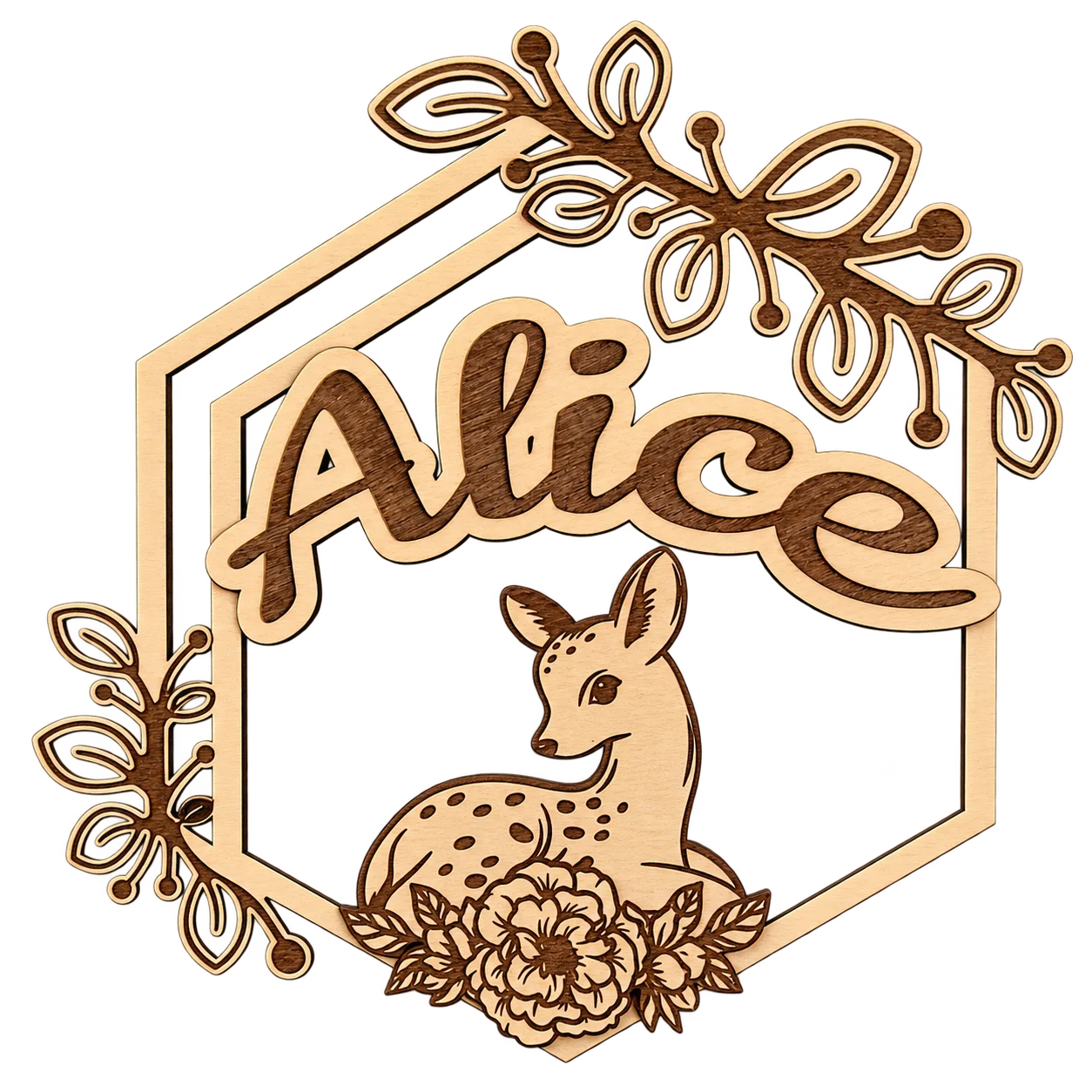 Plaque prénom enfant en bois personnalisée – Biche