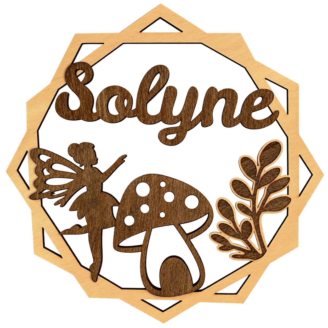 Plaque prénom enfant en bois personnalisée – Fée & Champignon