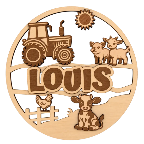 Plaque prénom enfant en bois personnalisée – Ferme & Tracteur