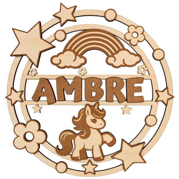Plaque prénom enfant en bois personnalisée – Licorne