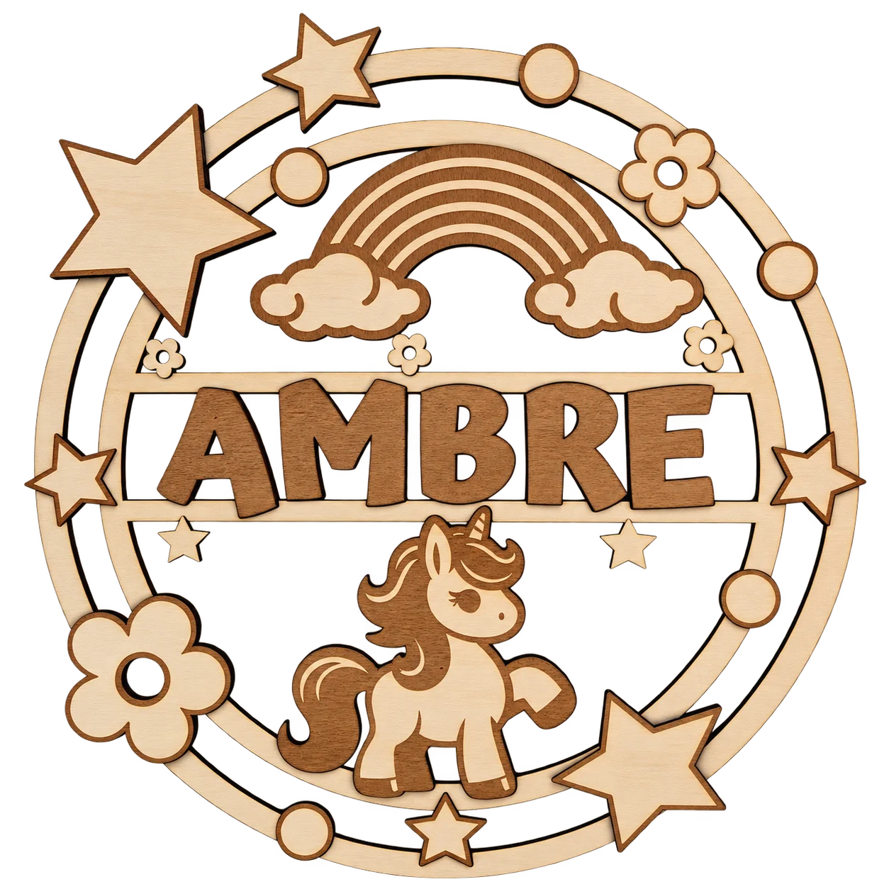 Plaque prénom enfant en bois personnalisée – Licorne