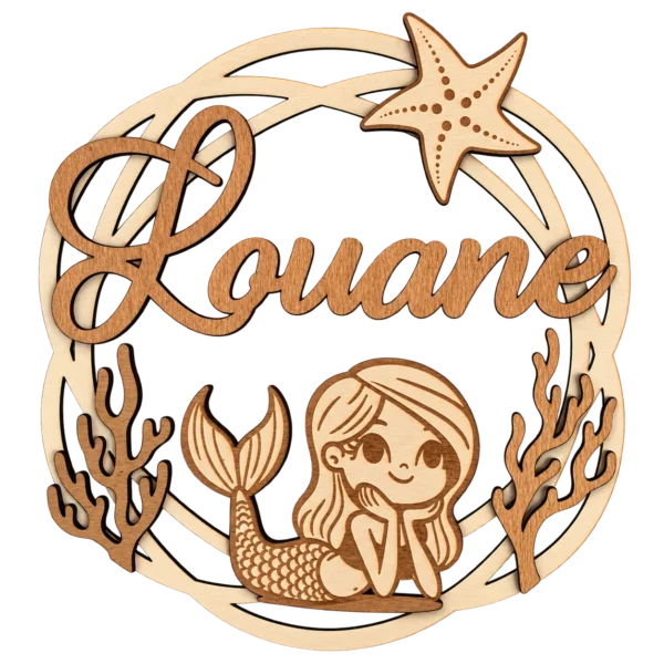 Plaque prénom enfant en bois personnalisée – Sirène