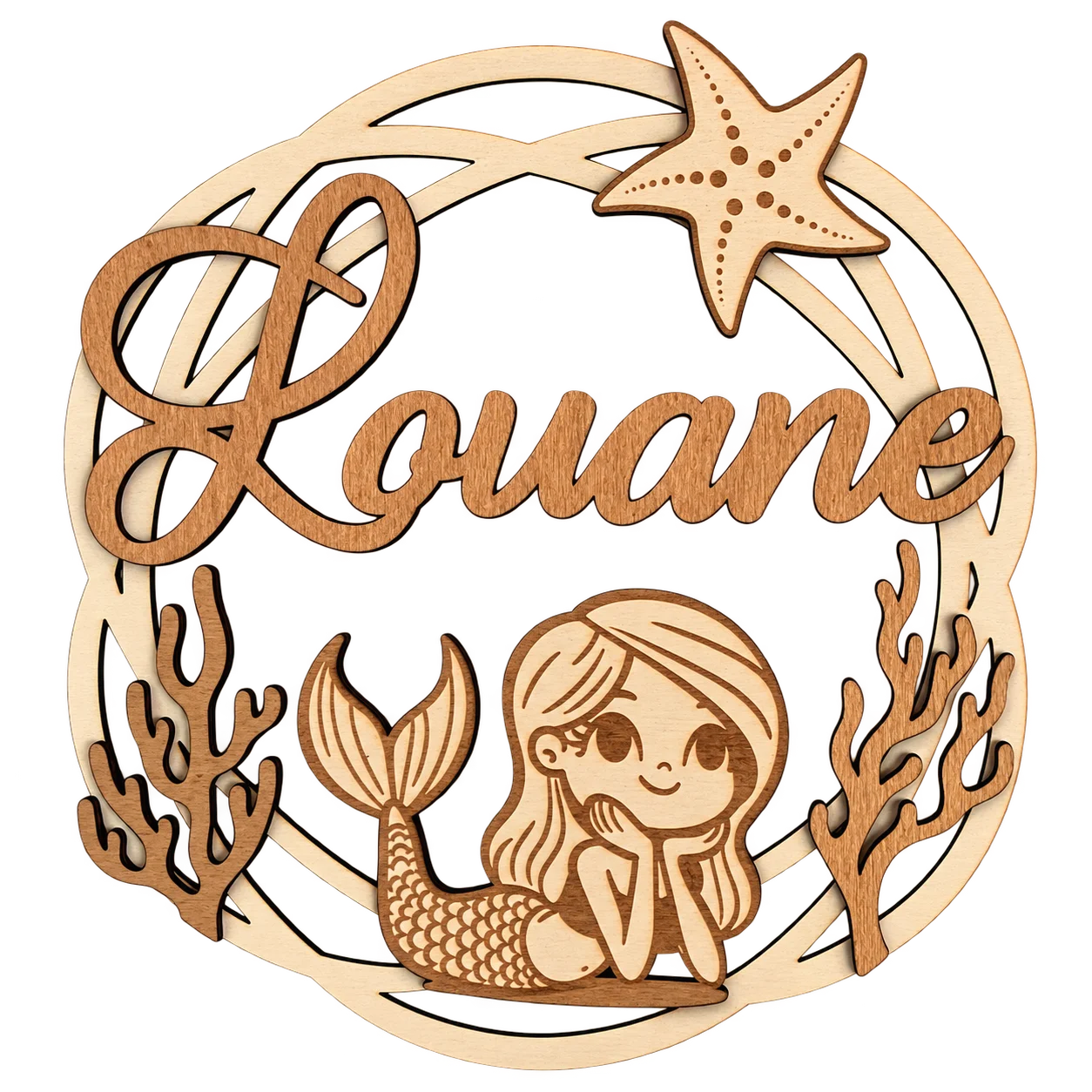 Plaque prénom enfant en bois personnalisée – Sirène