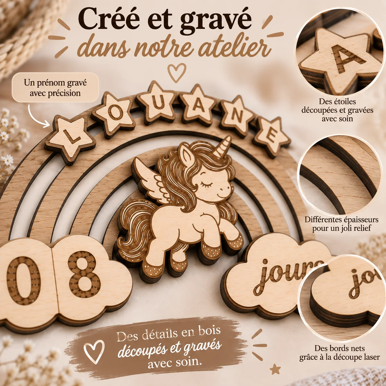Cartes étapes bébé en bois personnalisées – Licorne & Arc-en-ciel – Image 5