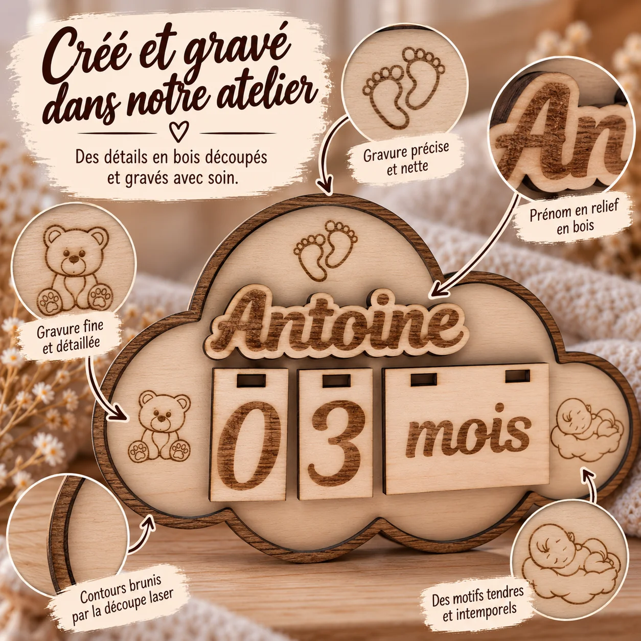 Carte étapes bébé en bois personnalisée – Nuage – Image 5