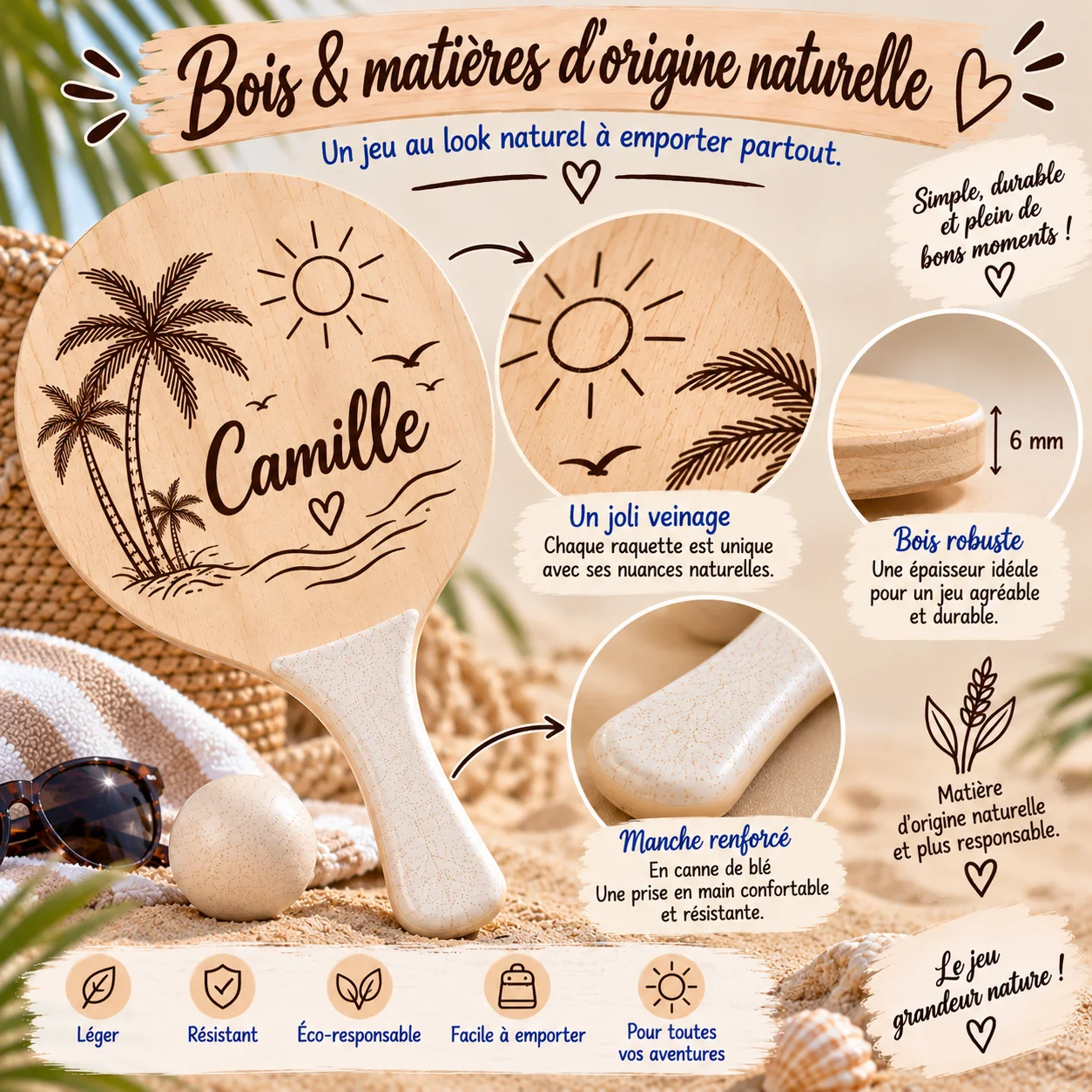 Raquettes de plage en bois personnalisées – 2 faces – Image 4