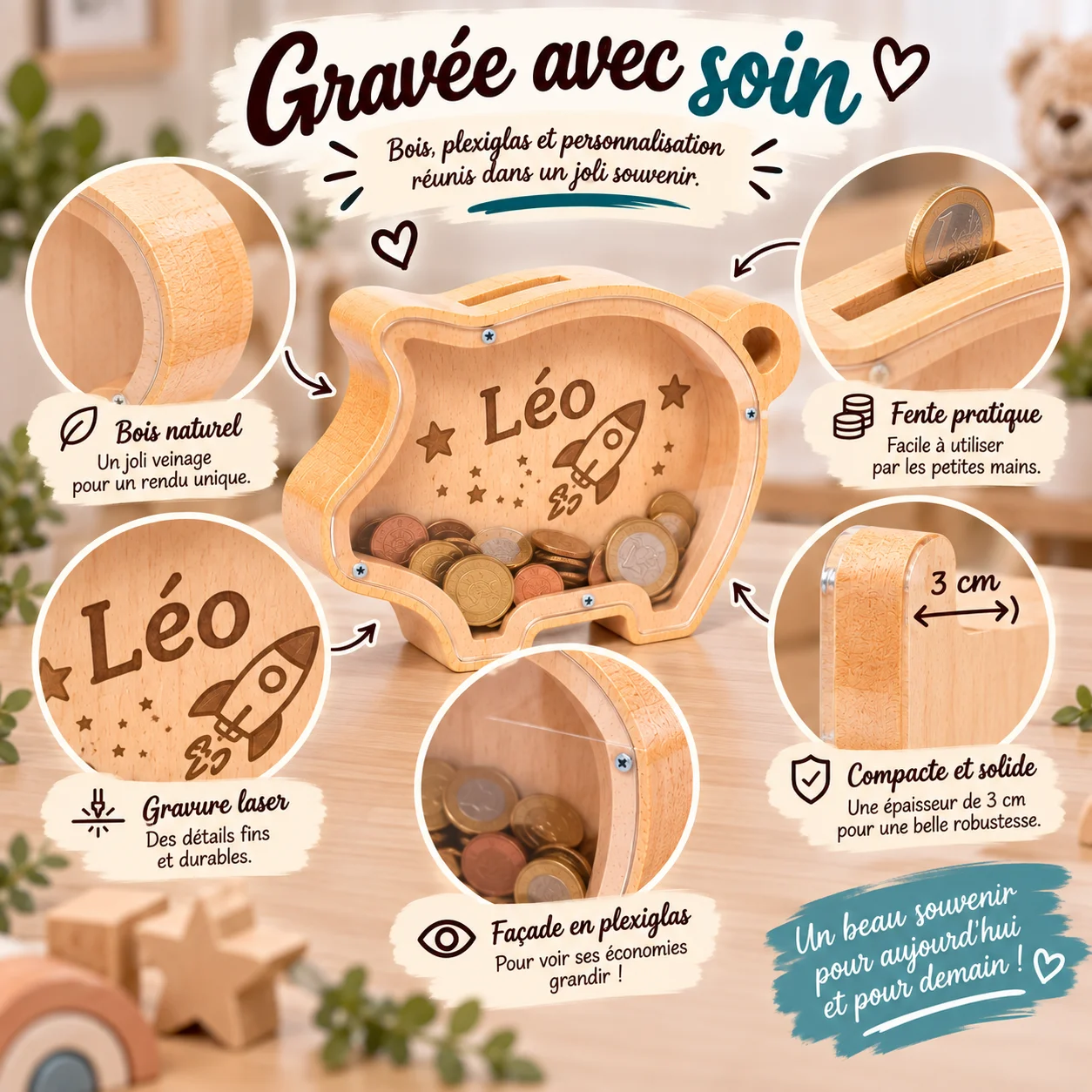 Tirelire cochon personnalisée en bois et plexiglas – Image 6