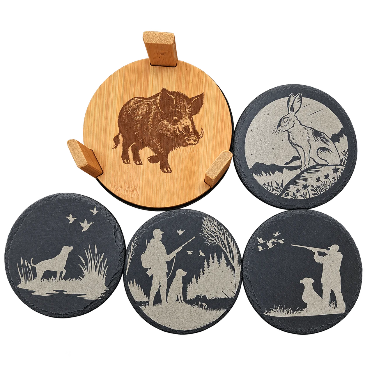 Sous-verres en ardoise gravés – Thème Chasse