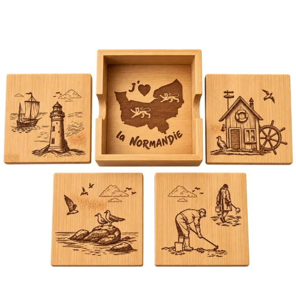 Sous-verres en bambou – Thème Normandie – Lot de 4 avec coffret