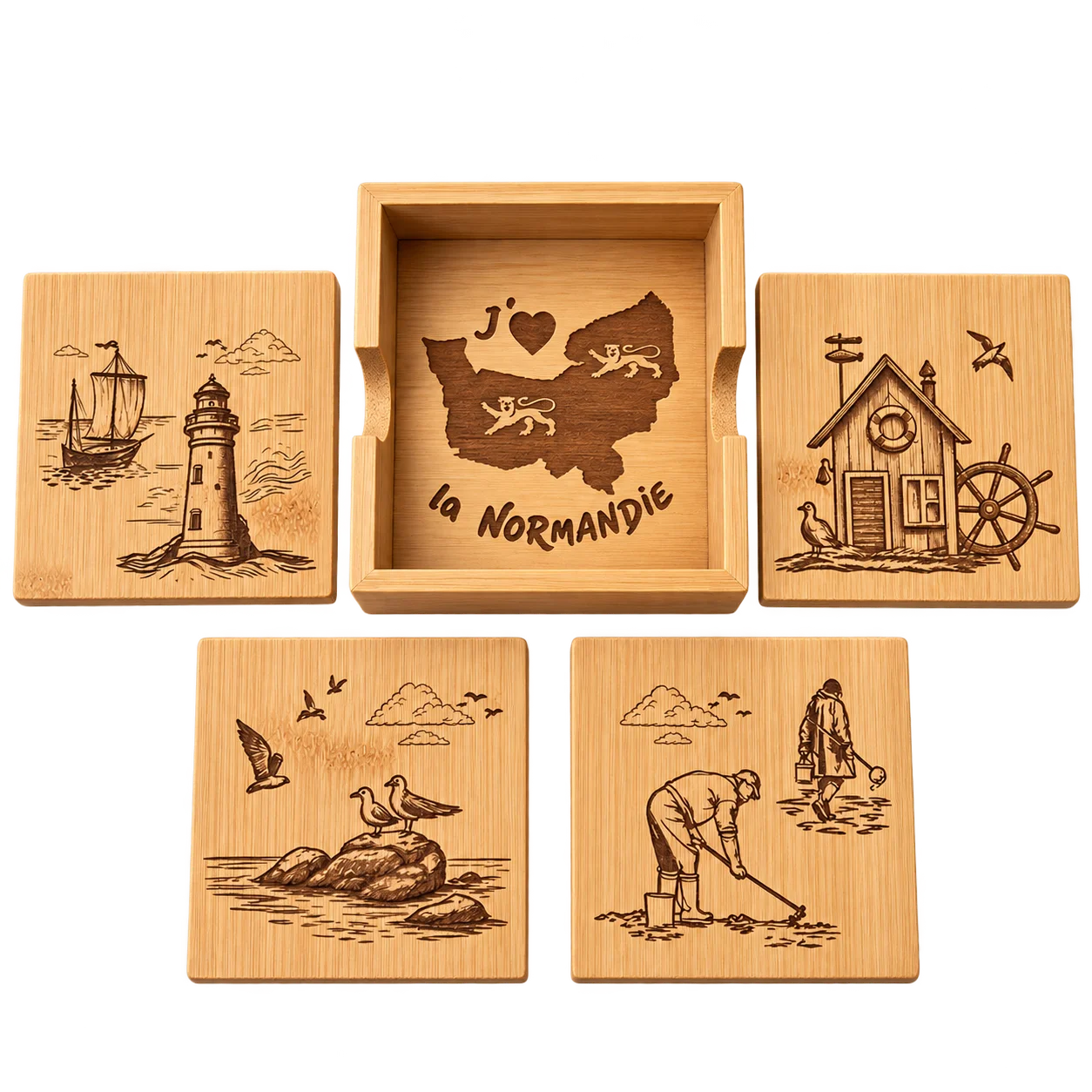 Sous-verres en bambou – Thème Normandie – Lot de 4 avec coffret
