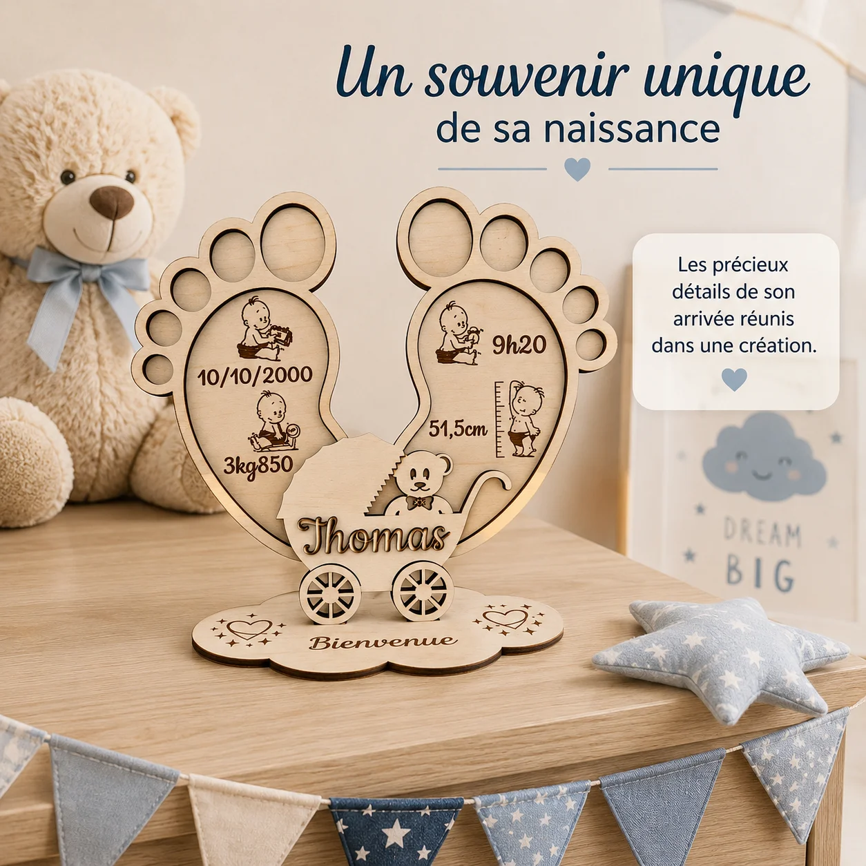 Décoration naissance personnalisée en bois – Pieds de bébé et landau – Image 3