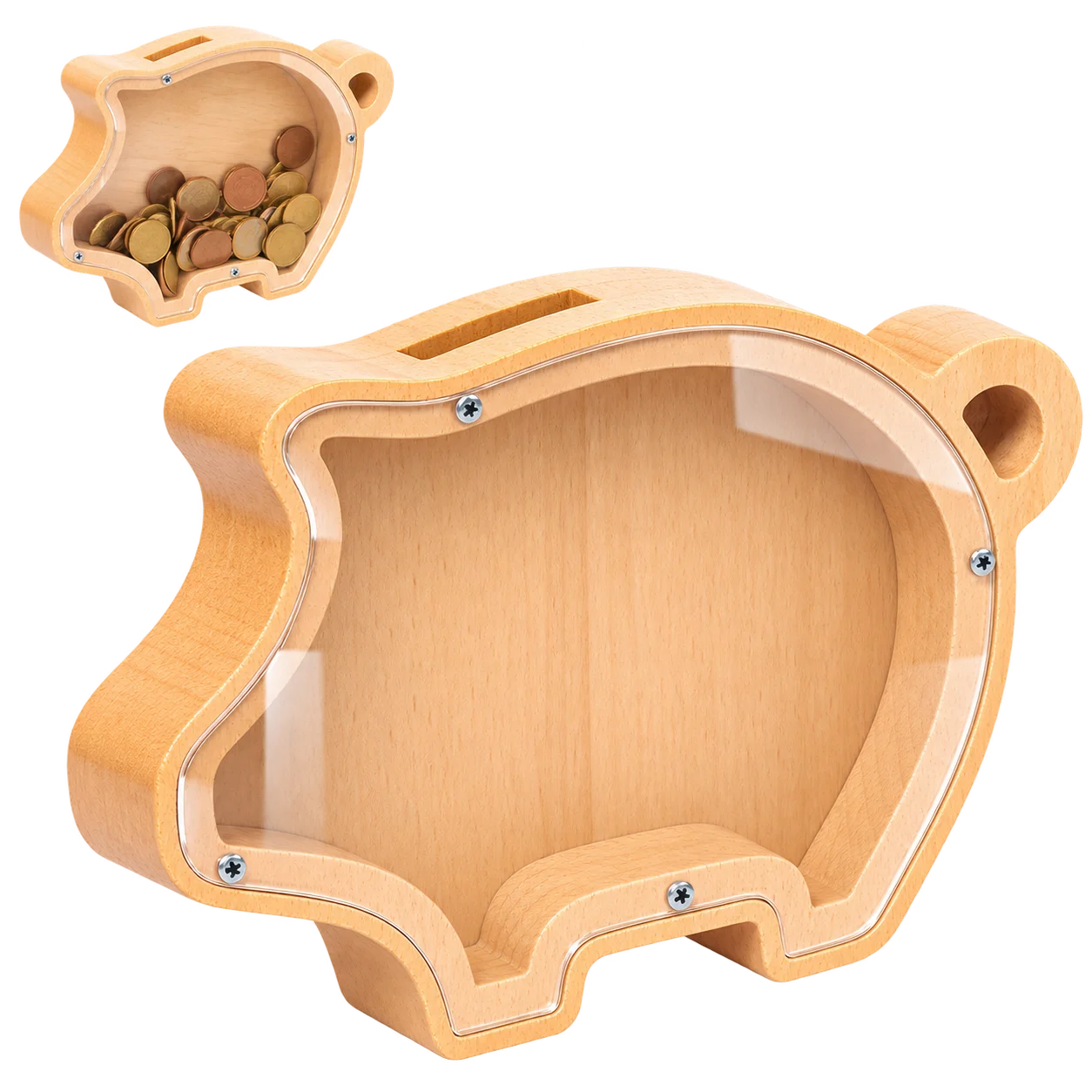 Tirelire cochon personnalisée en bois et plexiglas