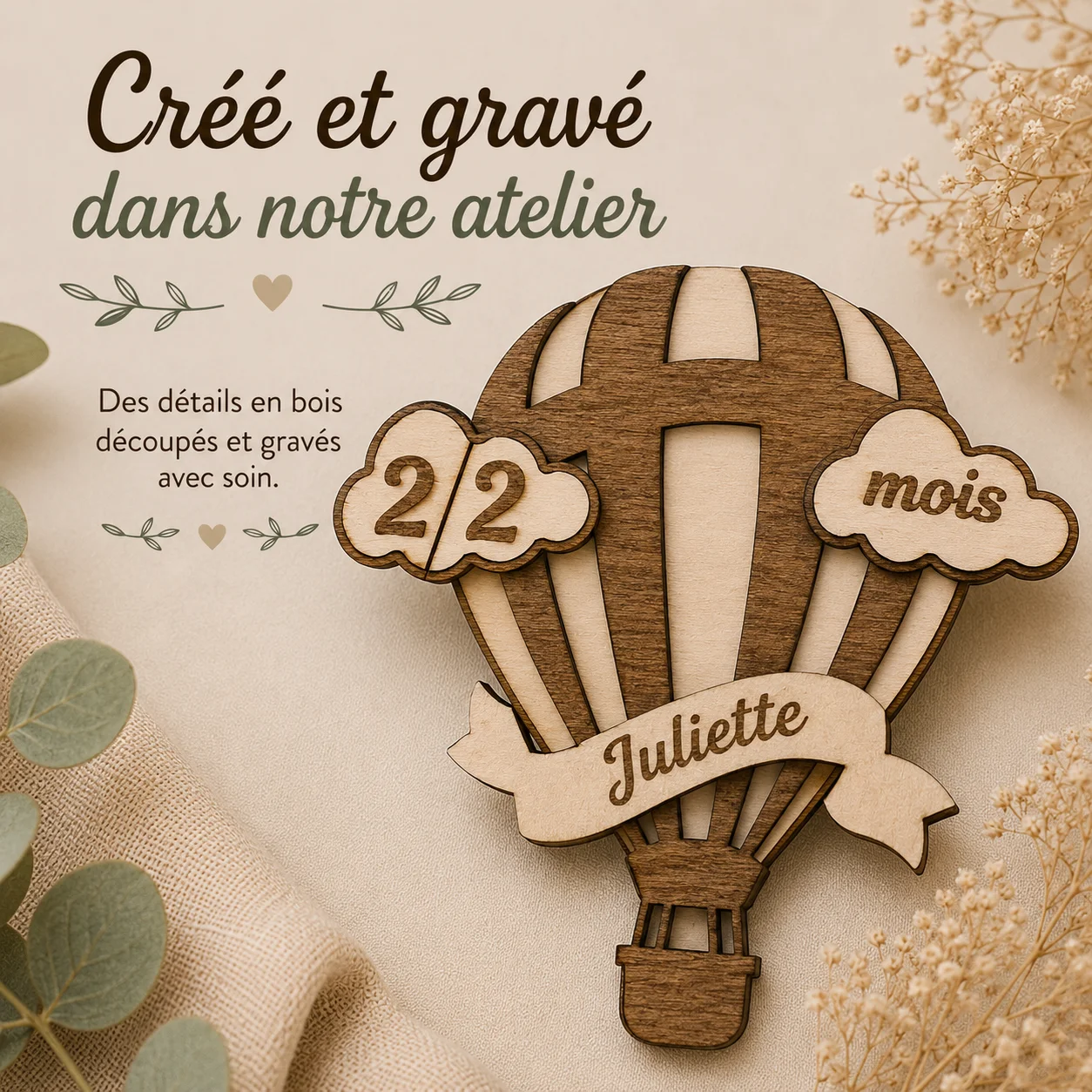 Cartes étapes bébé en bois personnalisées – Montgolfière – Image 4