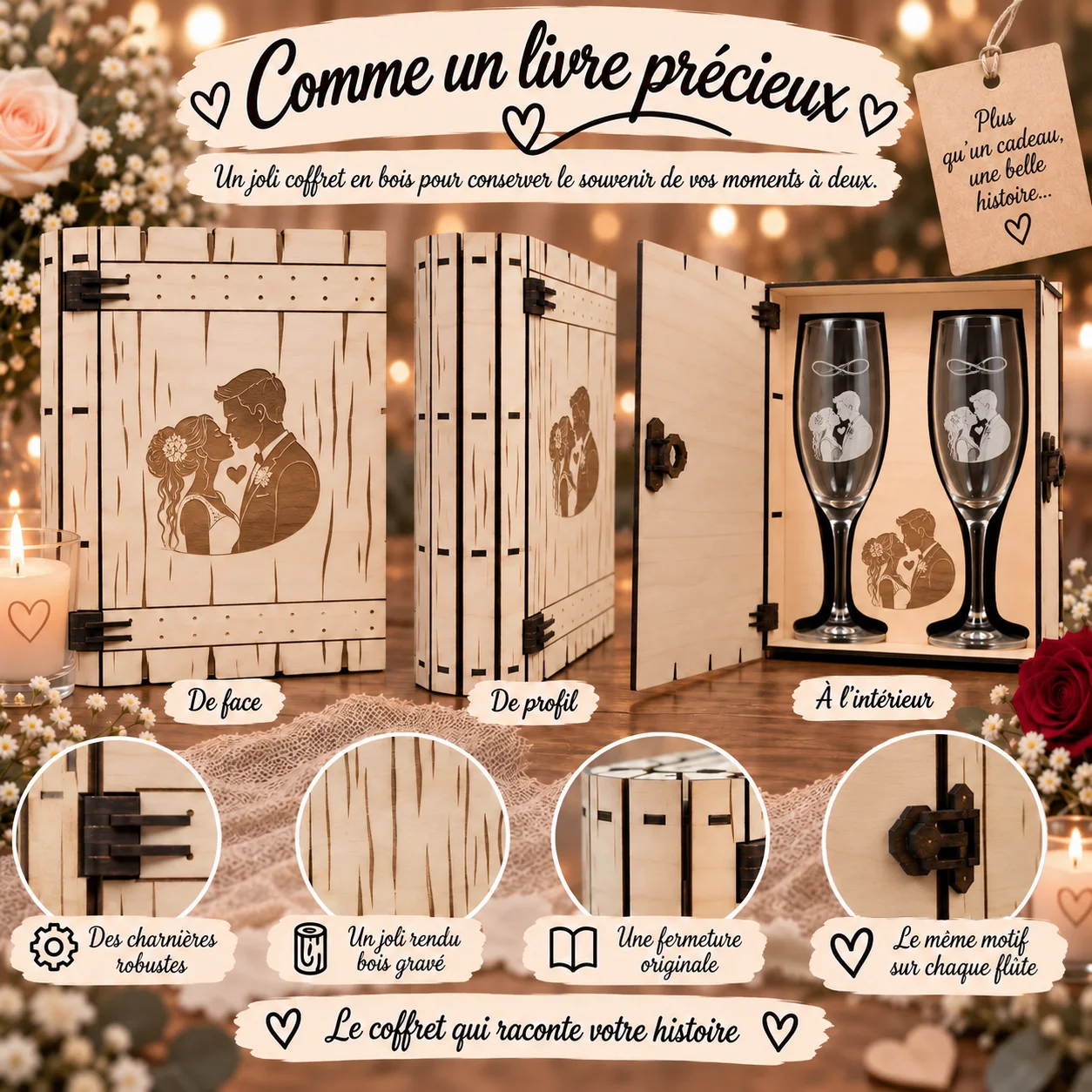 Coffret livre mariage en bois avec 2 flûtes gravées – Les mariés – Image 4