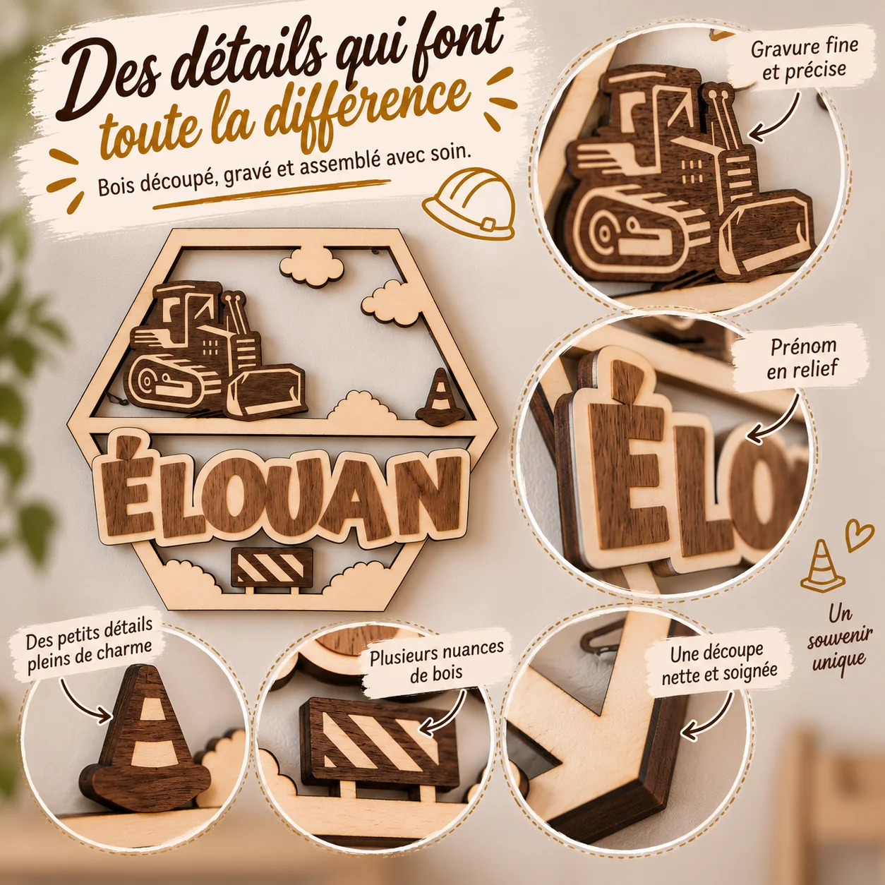 Plaque prénom enfant en bois personnalisée – Chantier – Image 6