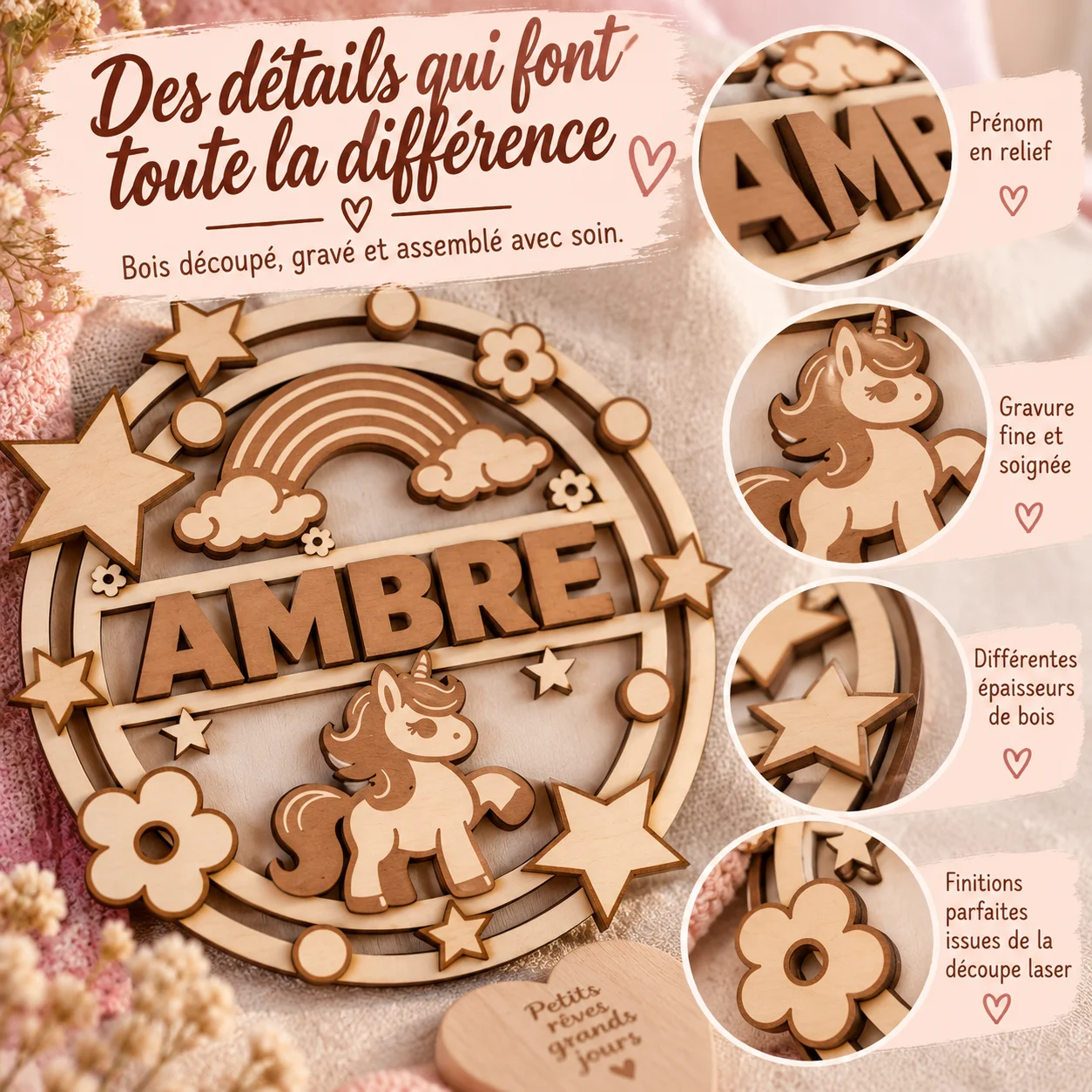 Plaque prénom enfant en bois personnalisée – Licorne – Image 5