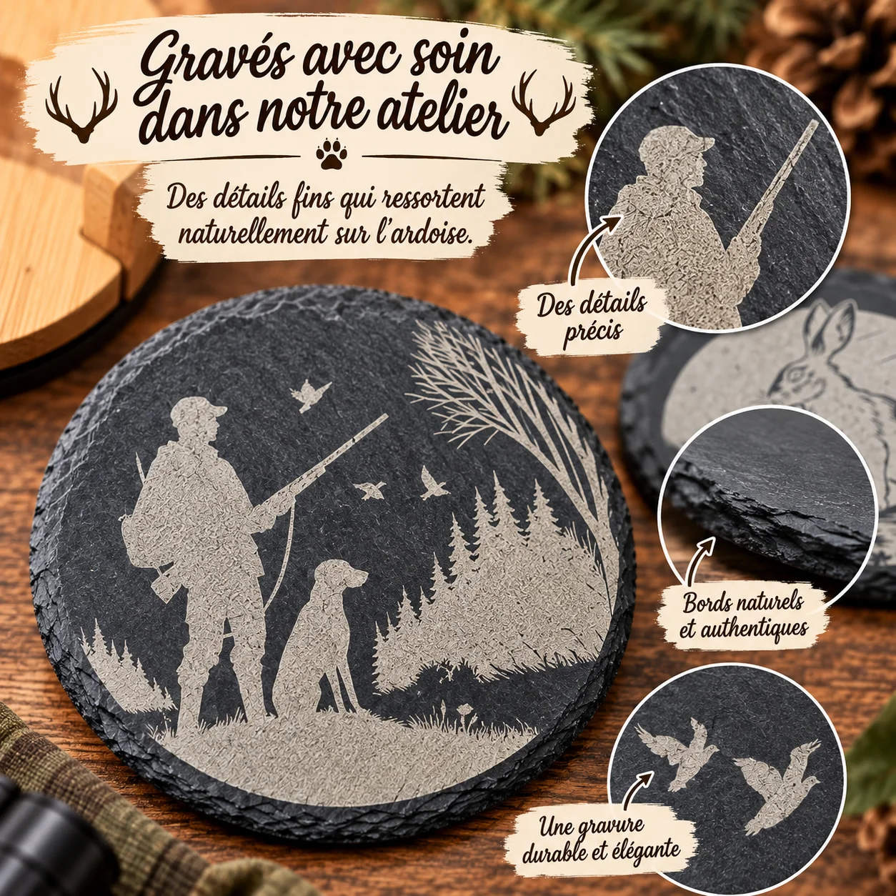 Sous-verres en ardoise gravés – Thème Chasse – Image 4