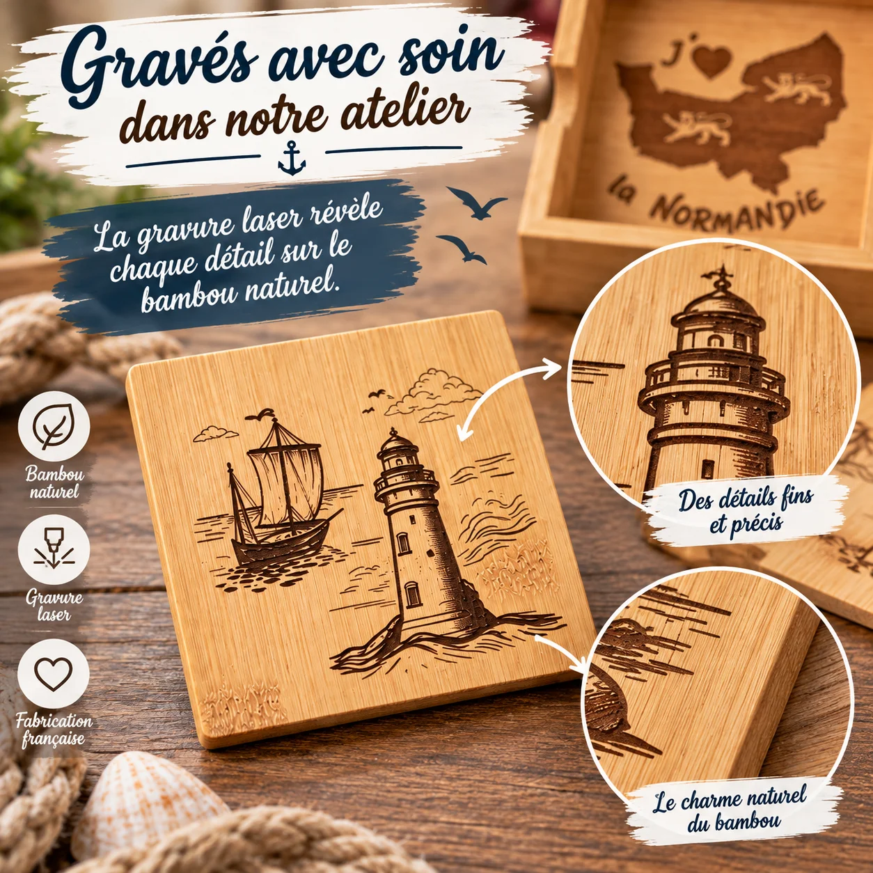 Sous-verres en bambou – Thème Normandie – Lot de 4 avec coffret – Image 4