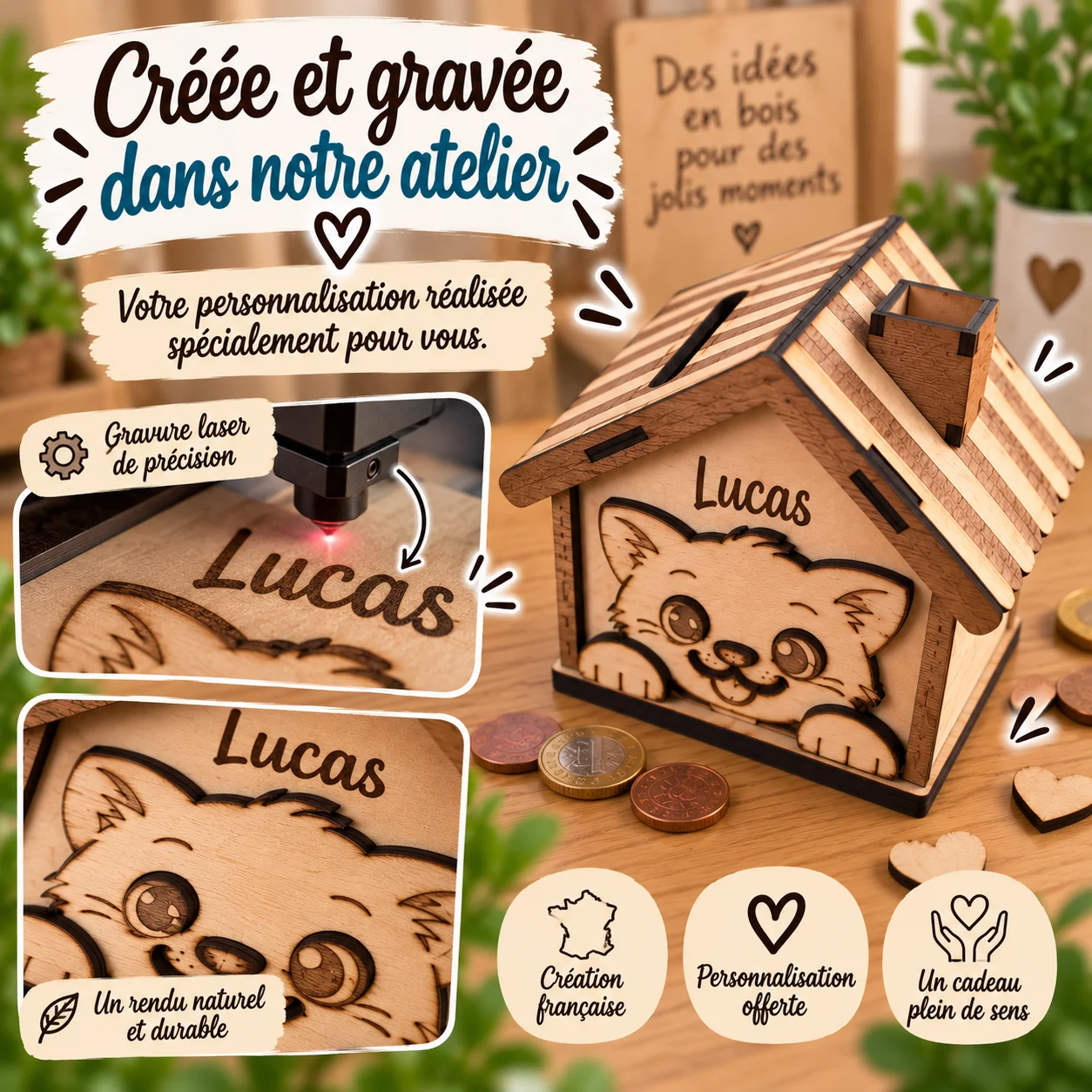 Tirelire maison chat en bois personnalisée – Prénom gravé – Image 8